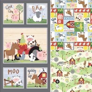 Farm-Tastic Friends fabric collection 100% Premium Cotton by Studio E farm animals panel baby pigs cows chickens sheep horses