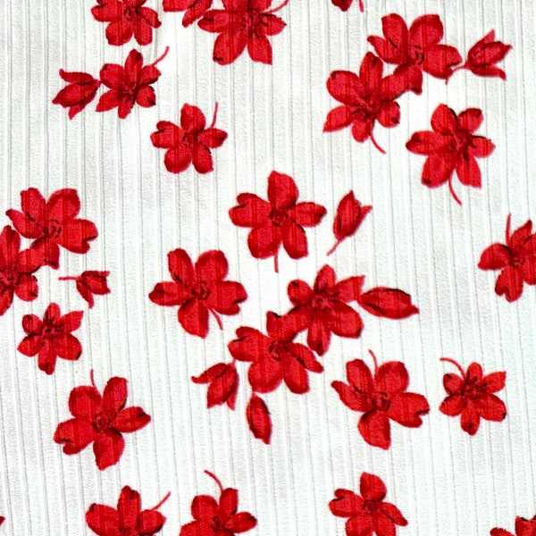 Red Floral on White Rib Knit Fabric by the Yard 56/58” Wide Stretch Ribbed scattered flowers by Fabric Merchants