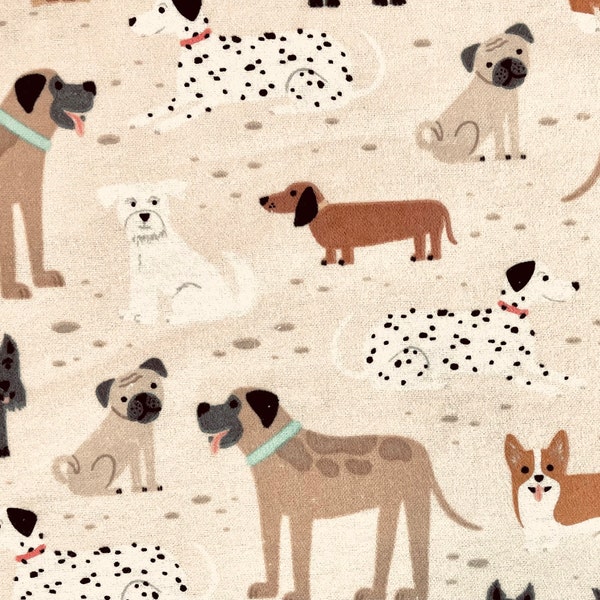 Cute Dog Breeds Flannel Fabric By The Yard 100% Cotton A.E. Nathan puppies dogs pug Collie Dalmatian Dachshund Scotty Chihuahua