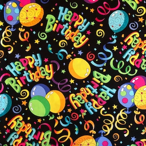 May include: A black background is covered with colorful balloons, confetti, and ribbons. The words "Happy Birthday" are written in a playful, multi-colored font. The balloons are in various colors, including yellow, blue, and green.