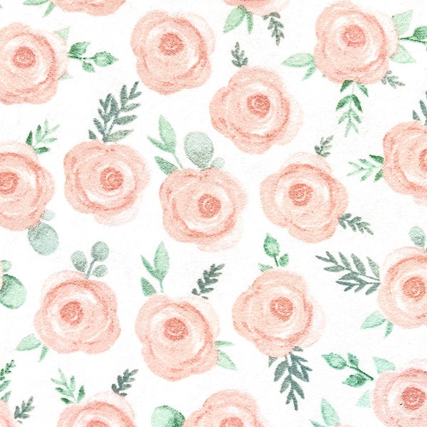 Dusty Peach Roses on White Flannel Fabric By The Yard 100% Cotton Vintage Inspired scattered rose buds flowers floral