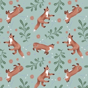 Woodland Magic Foxes on Light Green Fabric by The Yard 100% Premium Cotton by Studio E forest animals friends bear rabbit owl deer