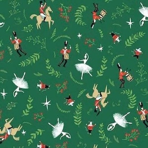 May include: A repeating pattern on a green background features illustrations of toy soldiers, ballerinas, horses, stars, and sprigs of greenery. The toy soldiers are in red coats and black hats, some playing drums. The ballerinas wear white tutus.