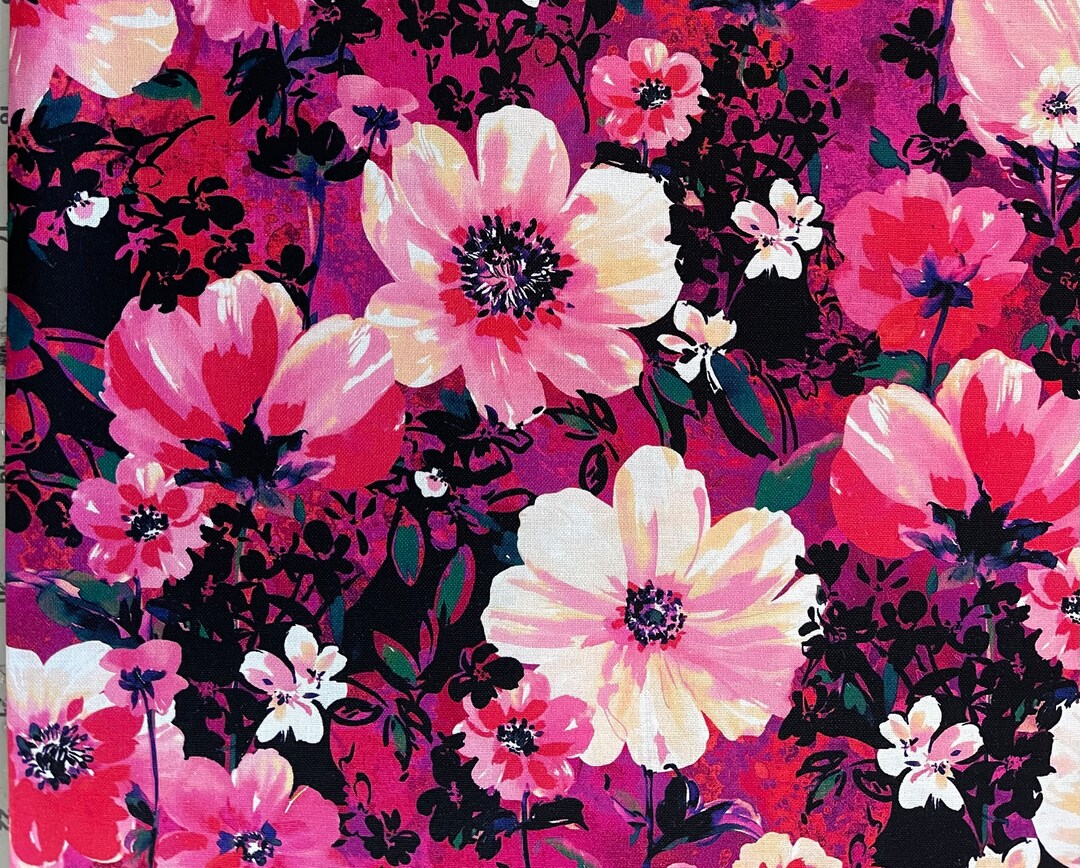 Robert Kaufman wild Blue Flowers Magenta Fabric by the Yard Etsy