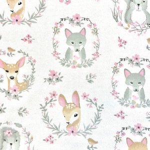 Hazel Woodland Animals Flannel Fabric By The Yard 100% Cotton Flannel Nursery Flower pink white gray floral Portrait Friends deer fox