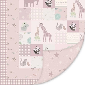 May include: A pink and white patchwork baby blanket featuring animal illustrations. The design includes giraffes, pandas, and koalas in various squares. The reverse side has a pink star pattern, and the border has a gingham pattern.