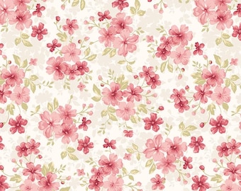 Floral Bouquet Toss Fabric By The Yard 100% Premium Cotton “Elizabeth” By Max Tate for Studio E Flowers Parchment Sage Pomegranate Pink