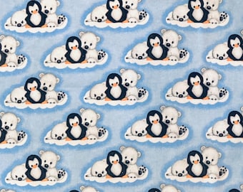 Iceberg Babies Flannel Fabric By The Yard 100% Premium Cotton by A.E Nathan penguins polar bears winter ocean sea North Pole