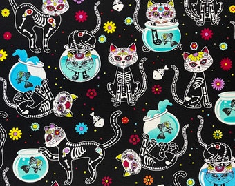 Day of the Dead Skeleton Cats & Fishbowls Fabric By The Yard 100% Cotton by Timeless Treasures Halloween Dia De Los Muertos Sugar Skull cat