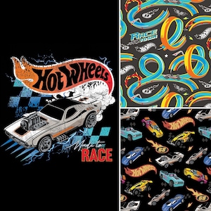 May include: A collage of Hot Wheels-themed designs. One image features a white race car with orange and blue accents, the Hot Wheels logo, and the text "Made to Race" on a black background. Other images show race tracks and cars.
