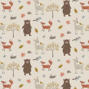 Woodland Creatures on Taupe Flannel Fabric By The Yard 100% Cotton by Riley Blake Forest Animals bear deer foxes birds trees nature