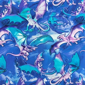 Fantasy Dragons Fabric 100% Premium Cotton by Michael Searle for Timeless Treasures fire-breathing dragon flying purple blue