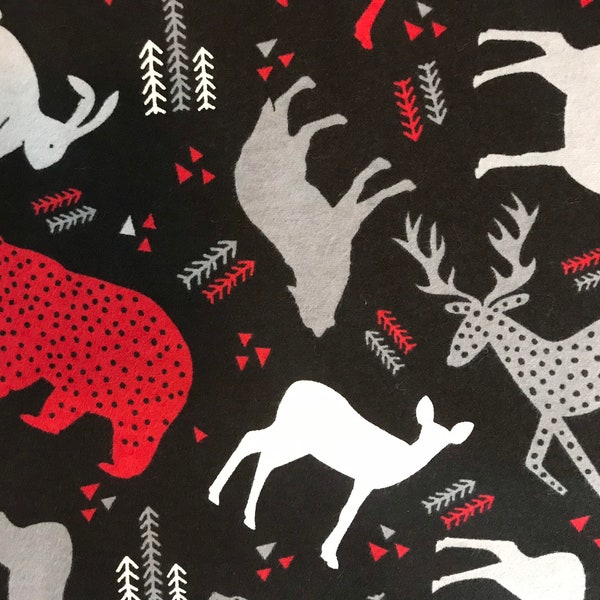 Woodland Animals Flannel Fabric By The Yard or Half Yards Soft Cotton Winter Christmas Holidays bear moose wolf deer rabbit forest red black