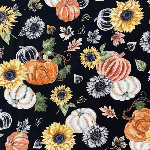Harvest Pumpkins & Sunflowers Chalkboard Fabric By The Yard 100% Cotton “Hello Beautiful Fall” leaves chalk sketch by Hi-Fashion Fabrics