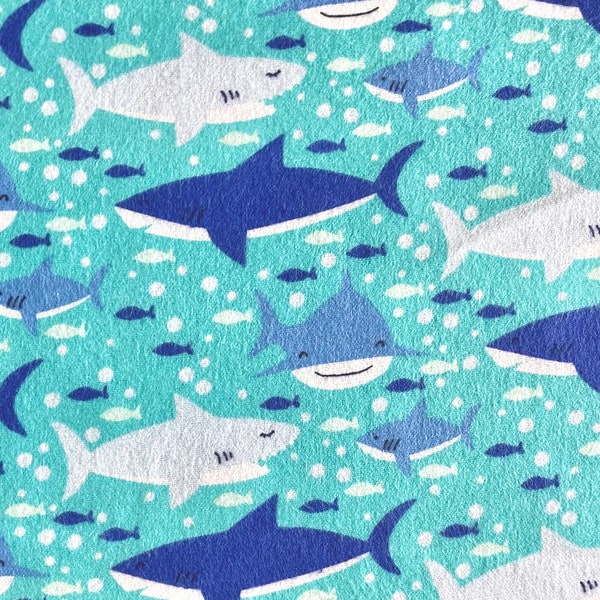 Sea Life Sharks on Aqua Flannel Fabric By The Yard 100% Cotton by Fabric Editions fish water ocean swimming smiling shark