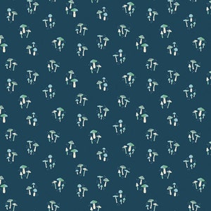 May include: A seamless pattern featuring a repeating design of blue and green mushrooms on a dark blue background.