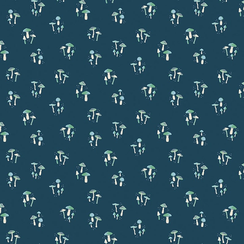 May include: A seamless pattern featuring a repeating design of blue and green mushrooms on a dark blue background.