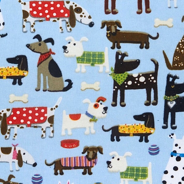 Dogs on Blue Flannel Fabric By The Yard or Half Yards 100% Cotton Dog Breeds Dalmatian Scottie Dachshund Terrier Pups Fetch by A.E. Nathan