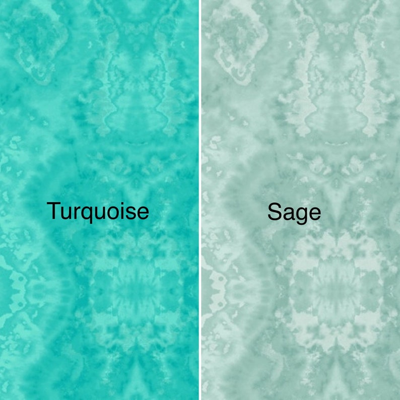 May include: Two fabric swatches, one turquoise and one sage green, with the colour names printed below each swatch.