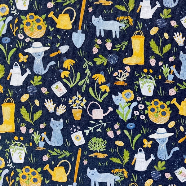 Gardening Cats on Navy Blue Fabric By The Yard 100% Premium Cotton “Meant to Bee” by Clara Jean for Dear Stella cat kittens garden spring