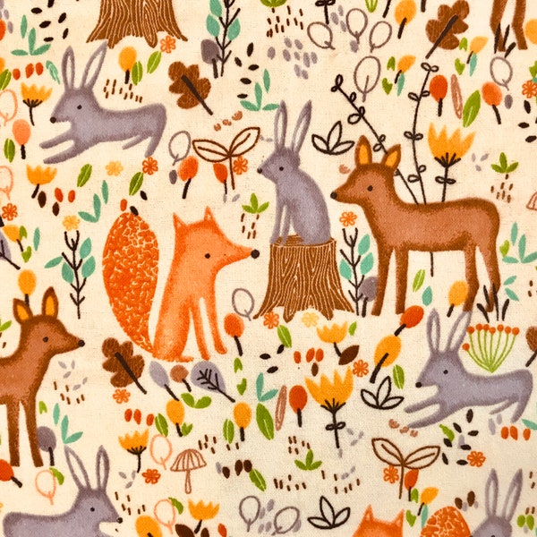Woodland Animals Flannel Fabric By The Yard or Half Yards 100% Cotton Forest Friends Critters Fox Deer Rabbit Floral by A.E. Nathan
