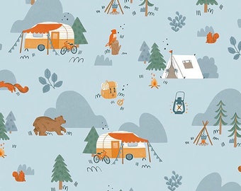 Flannel Camp Woodland Sky Blue Fabric By The Yard or Half Yards 100% Cotton Camping Forest Animals Owl Deer Camper Woods by Riley Blake
