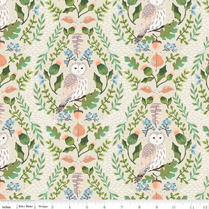 May include: A beige fabric with a repeating pattern of owls, leaves, acorns, and berries. The owls are white with brown and gray markings. The leaves are green and orange. The acorns are brown. The berries are blue.