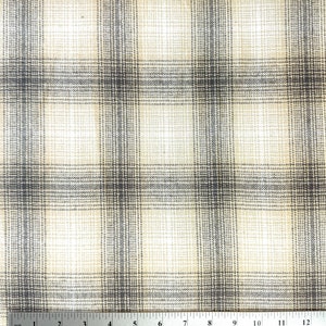 May include: Beige and gray plaid fabric with a subtle woven texture. The fabric is measured in inches.