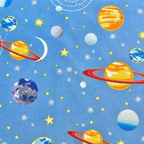 Big Planets on Blue Flannel Fabric By The Yard 100% Cotton sky stars outer space astronomy science by A. E. Nathan Saturn Mars Jupiter Venus