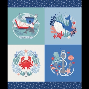 May include: A blue and white fabric with four different sea-themed illustrations. The top left illustration is a red and white fishing boat with a dolphin jumping out of the water. The top right illustration is a blue whale swimming in the ocean with coral and seaweed. The bottom left illustration is a red crab with seaweed and an anchor. The bottom right illustration is an anchor with an octopus and fish.