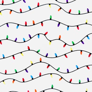 May include: A white background with black string lights with colorful light bulbs. The light bulbs are red, orange, yellow, green, blue, indigo, and violet.