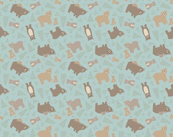 Flannel Elmer and Eloise Woodland Animals on Aqua Fabric By The Yard 100% Cotton By Riley Blake foxes bears rabbits forest friends