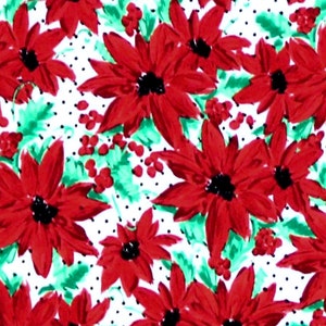 Poinsettias on Polka Dot Flannel Fabric By The Yard 100% Cotton White Red Large Floral Flowers print Christmas Holidays Winter
