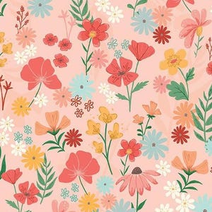 May include: A pink background with a repeating pattern of colorful flowers. The flowers are in various shades of pink, red, yellow, and blue. The flowers are stylized and have a whimsical feel.