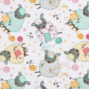 Knitting Sheep Flannel Fabric By The Yard or Half Yards 100% Cotton crochet yarn wool ewes barn animals mint yellow pink A.E. Nathan