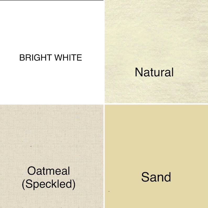 Puede incluir: Una paleta de colores con cuatro muestras de tela. Los colores est&aacute;n etiquetados como "Bright White", "Natural", "Oatmeal (Speckled)" y "Sand". Las muestras muestran variaciones de tonos blancos, crema y beige, mostrando diferentes texturas.
