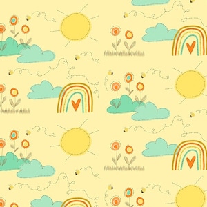 May include: A seamless pattern featuring a yellow background with colorful illustrations of rainbows, clouds, suns, bees, and flowers. The illustrations are outlined in black and have a stitched appearance.