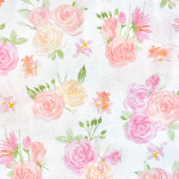 Watercolor Floral Flannel Fabric By The Yard or Half Yards 100% Cotton Sketched Pink Peach white soft flowers antique By Fabric Editions