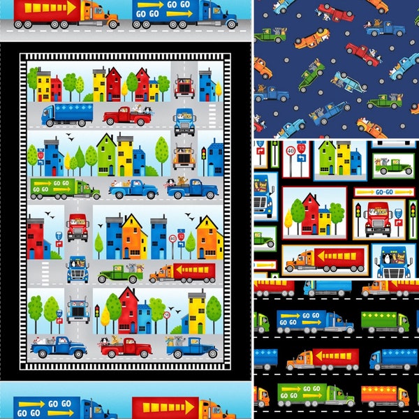 Go-Go Cars and Trucks Fabric Collection By The Yard 100% Cotton by Henry Glass vehicles truck cats dogs travel neighborhood quilt panel