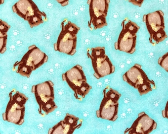 Spring Bears & Flowers on Aqua Flannel Fabric By The Yard 100% Cotton by A.E. Nathan baby bear infant toddler nursery Comfy Cozy