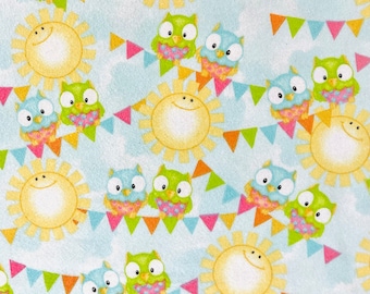Sunny Day Owls Flannel Fabric By The Yard 100% cotton Double Napped by A. E. Nathan banner bunting suns clouds sky owl birds