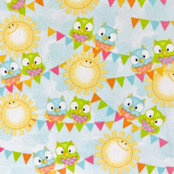Sunny Day Owls Flannel Fabric By The Yard 100% cotton Double Napped by A. E. Nathan banner bunting suns clouds sky owl birds