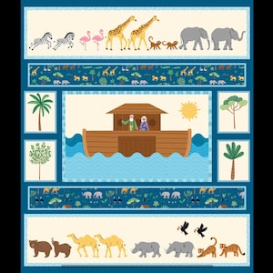 May include: A colorful illustration depicting Noah's Ark with various animals. The image features pairs of zebras, flamingos, giraffes, elephants, and other animals. The ark is on water, with a sun in the sky. Decorative borders with animal and plant motifs.