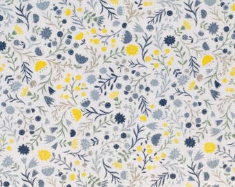Tiny Blue and Yellow Floral Fabric By The Yard 100% Premium Cotton “Honey Bear” by Timeless Treasures Ditsy Packed Flowers stems garden
