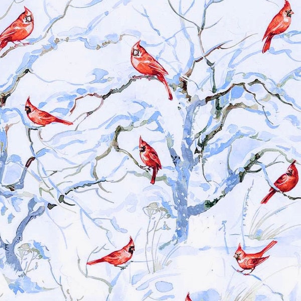 Cardinals in Snow Fabric By The Yard 100% Premium Cotton Christmas Winter Woodland birds branches trees Homestead by Timeless Treasures