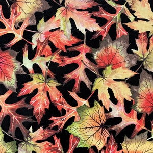Watercolor Leaves on Black Fabric By The Yard 100% Premium Cotton nature yellow orange green oak maple falling leaf Fall Autumn changing