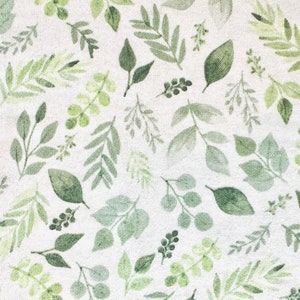 Tela de franela botánica verde suave cortada a medida 100% algodón blanco salvia hojas de eucalipto esparcidas enredaderas vegetación