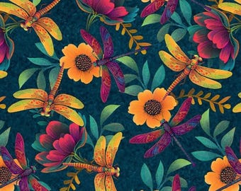 Dragonflies and Flowers Fabric Collection By The Yard 100% Premium Cotton “Luminous Haven” by Blank Quilting vivid night floral Large Print