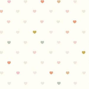 May include: A white background with a repeating pattern of small, colorful hearts. The hearts are in shades of pink, orange, yellow, and gray.