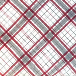 May include: A close-up of a fabric with a plaid pattern. The design features a white background with intersecting lines in red and gray, creating a grid-like pattern. The lines are diagonal, forming a diamond pattern.